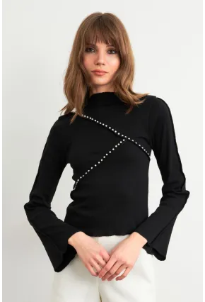 Kadın Siyah İnci Detaylı Kaşkorse Bluz ALB3701