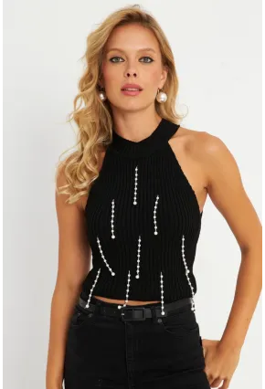 Kadın Siyah İnci Detaylı Triko Bluz KAZ005