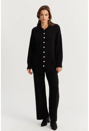 Kadın Siyah İnci Düğmeli Hırka Triko Alt Üst Takım NUV26
