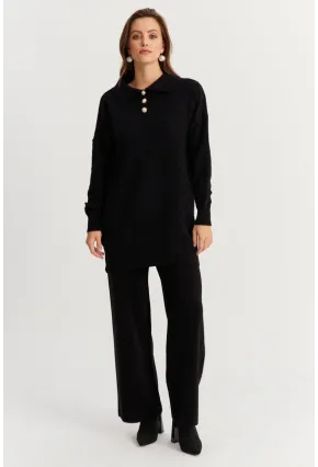 Kadın Siyah İnci Düğmeli Triko Alt Üst Takım NUV33