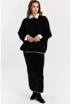 Kadın Siyah İncili Alt Üst Etek Takım YİL554
