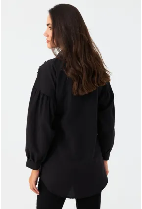 Kadın Siyah İncili Balon Kol Gömlek MASF16