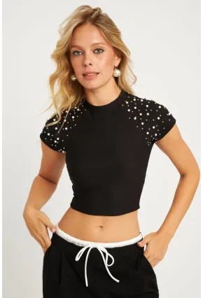 Kadın Siyah İncili Kısa Bluz HOL2112