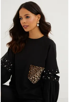 Kadın Siyah İncili Kol Detaylı Sweatshirt PKA400