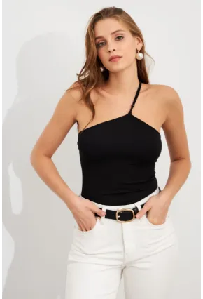 Kadın Siyah İp Askılı Çıtçıtlı Body ZH014