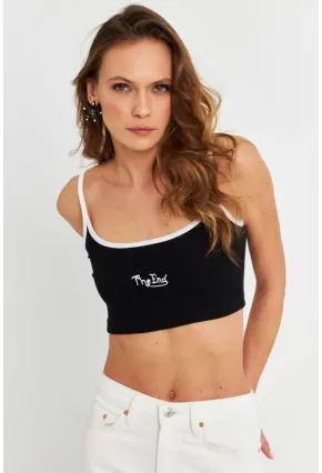 Kadın Siyah İp Askılı Crop Bluz ALB201
