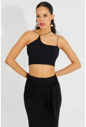 Kadın Siyah İp Askılı Crop Bluz B2594