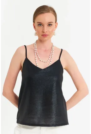 Kadın Siyah İp Askılı Parlak Bluz RSP1094