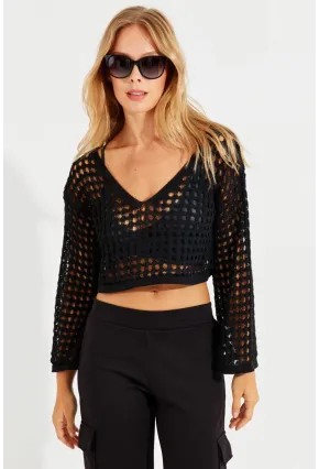 Kadın Siyah İspanyol Kol Ajurlu Triko Bluz YV203