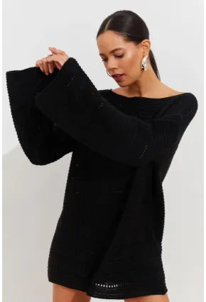 Kadın Siyah İspanyol Kol Ajurlu Triko Uzun Bluz SMT199