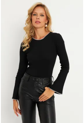 Kadın Siyah İspanyol Kol Biyeli Kaşkorse Bluz XL14