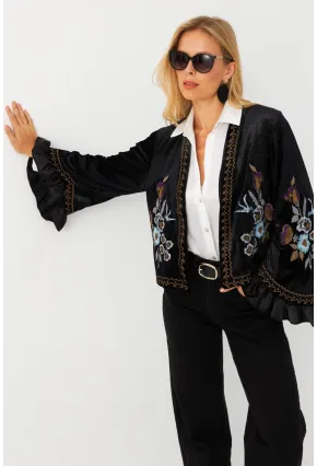 Kadın Siyah İspanyol Kol Nakışlı Kadife Simli Ceket QS5577