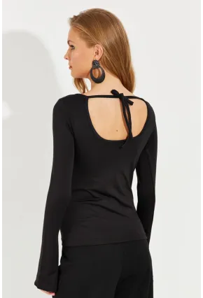 Kadın Siyah İspanyol Kol Sırt Bağlamalı Bluz EY2581