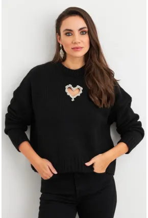 Kadın Siyah Kalp Pencereli Kazak TEM101