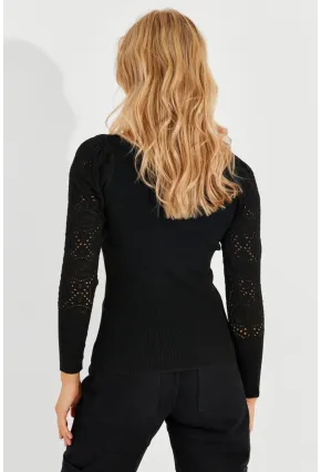 Kadın Siyah Kalp Yaka Ajurlu Triko Bluz SMT217