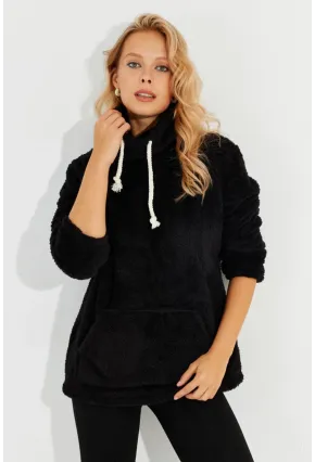 Kadın Siyah Kanguru Cep Peluş Sweatshirt Q978