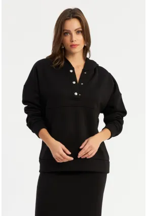 Kadın Siyah Kapüşonlu Çıtçıtlı Sweatshirt TF22