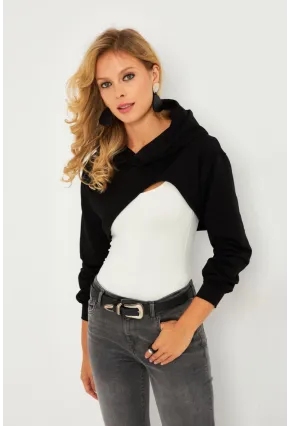 Kadın Siyah Kapüşonlu Crop Sweatshirt  TF03