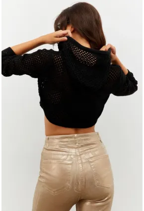 Kadın Siyah Kapüşonlu File Kısa Bluz YV153