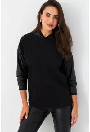 Kadın Siyah Kapüşonlu Sıvama Detaylı Sweatshirt MTF37