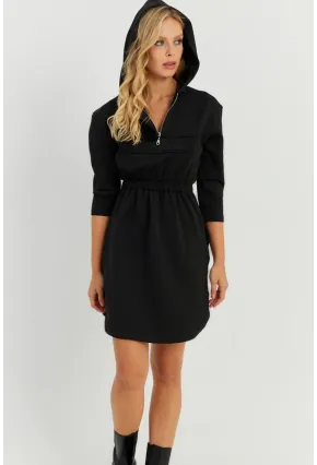 Kadın Siyah Kapüşonlu Skuba Mini  Elbise KED4104