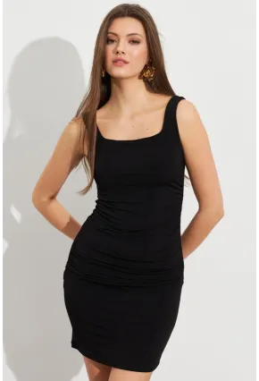 Kadın Siyah Kare Yaka Büzgülü Mini Elbise FRY2308
