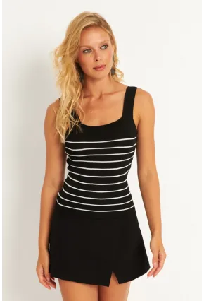 Kadın Siyah Kare Yaka Çizgili Triko Bluz KAZ15