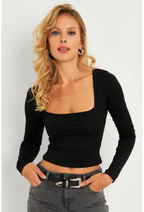 Kadın Siyah Kare Yaka Crop Bluz B3058