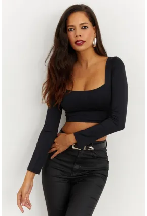 Kadın Siyah Kare Yaka Crop Bluz CG263
