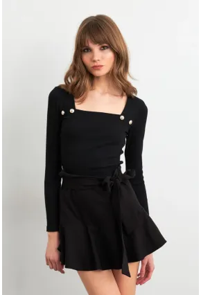 Kadın Siyah Kare Yaka Düğme Detaylı Bluz TF49