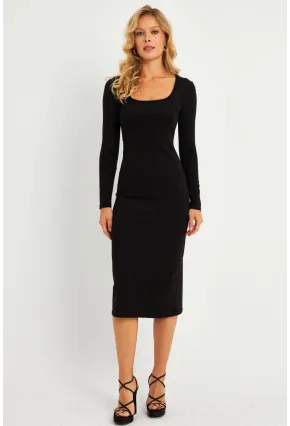 Kadın Siyah Kare Yaka Midi Elbise CG382