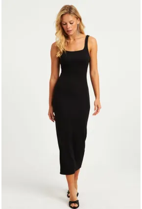 Kadın Siyah Kare Yaka Midi Elbise DMR295