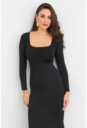 Kadın Siyah Kare Yaka Midi Elbise XC8102