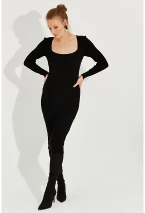 Kadın Siyah Kare Yaka Triko Midi Elbise SF2520