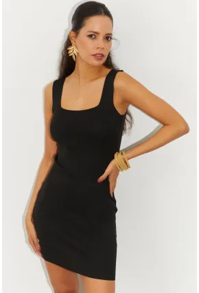 Kadın Siyah Kare Yaka Triko Mini Elbise SMT178