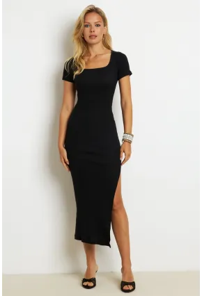 Kadın Siyah Kare Yaka Yırtmaçlı Midi Elbise XL2000