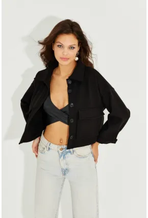 Kadın Siyah Kaşe Cepli Kısa Ceket PP2444