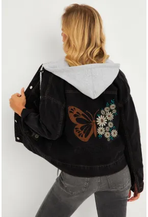 Kadın Siyah Kelebek Nakışlı Kapüşonlu Kot Ceket İS423