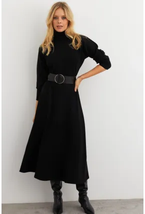 Kadın Siyah Kemerli Balıkçı Yaka Elbise MKSD992