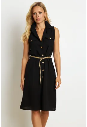 Kadın Siyah Kemerli Gömlek Midi Elbise SGT404