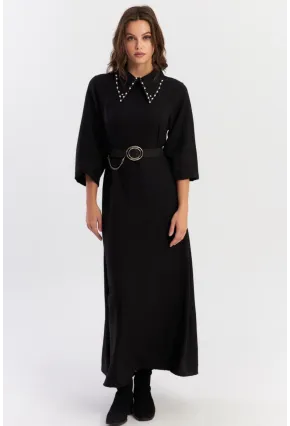 Kadın Siyah Kemerli İncili Maxi Elbise ALZ341