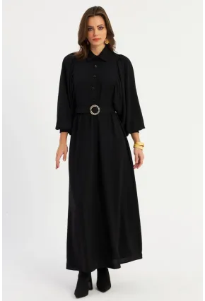 Kadın Siyah Kemerli Maxi Elbise MASF15