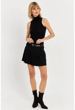 Kadın Siyah Kemerli Pilili Mini Etek ELA6024