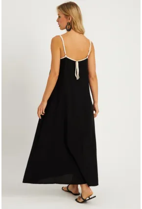 Kadın Siyah Keten Midi Elbise GÇ174