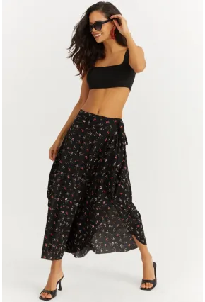 Kadın Siyah-Kırmızı Çiçekli Asimetrik Etek LV81