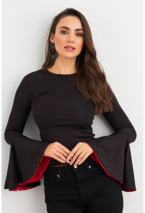 Kadın Siyah-Kırmızı Kontrast Çan Kollu Bluz EY3013