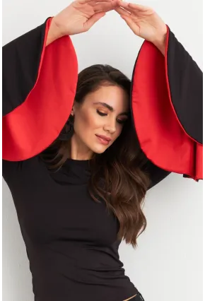 Kadın Siyah-Kırmızı Kontrast Çan Kollu Bluz EY3013