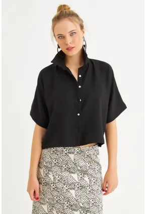 Kadın Siyah Kısa Kollu Crop Gömlek CNG117