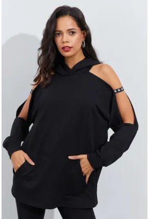 Kadın Siyah Kolları Açık Kapüşonlu Sweatshirt Yİ2356