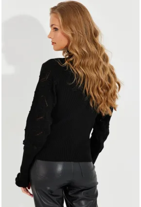 Kadın Siyah Kolları Ajurlu Triko Bluz SMT218